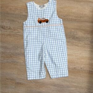 Sweet Dreams Blue Checkered Romper with Orange Car